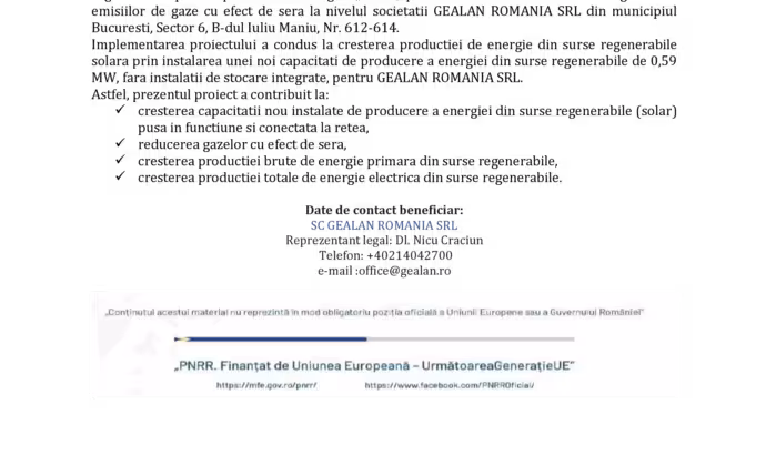 FINALIZAREA UNEI CAPACITATI DE PRODUCERE A ENERGIEI SOLARE PENTRU GEALAN ROMANIA SRL
